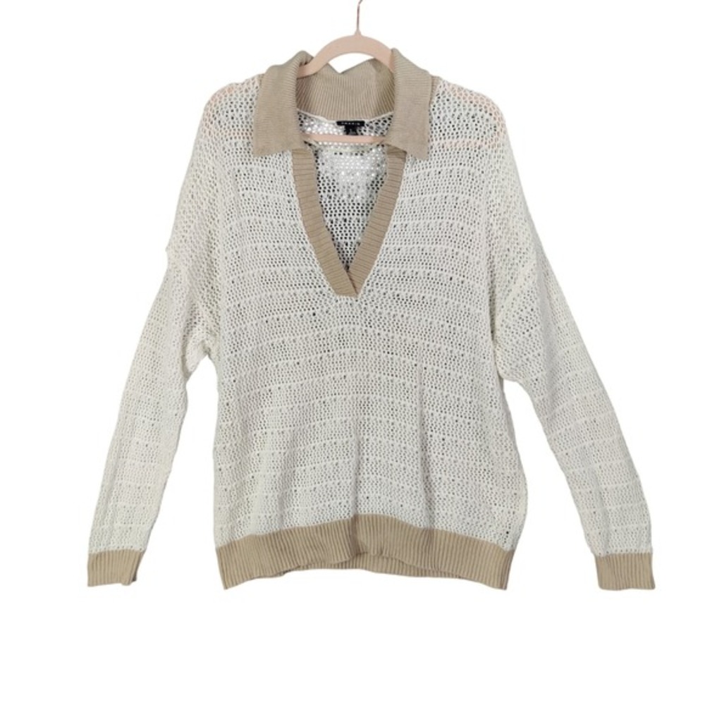 Torrid Women Coastal Preppy Neutral Airy Crochet Polo Sweater 2X Tan Open Knit